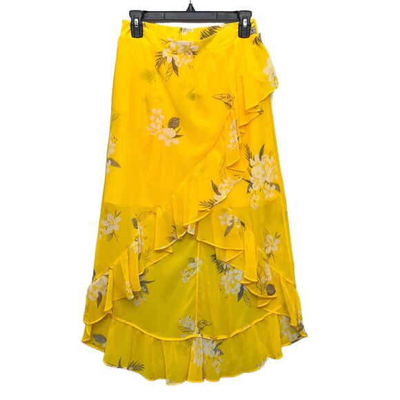 A NEW DAY Yellow Floral Asymmetrical High Low Ruffle Wrap Skirt Lined Women's S - Picture 2 of 11